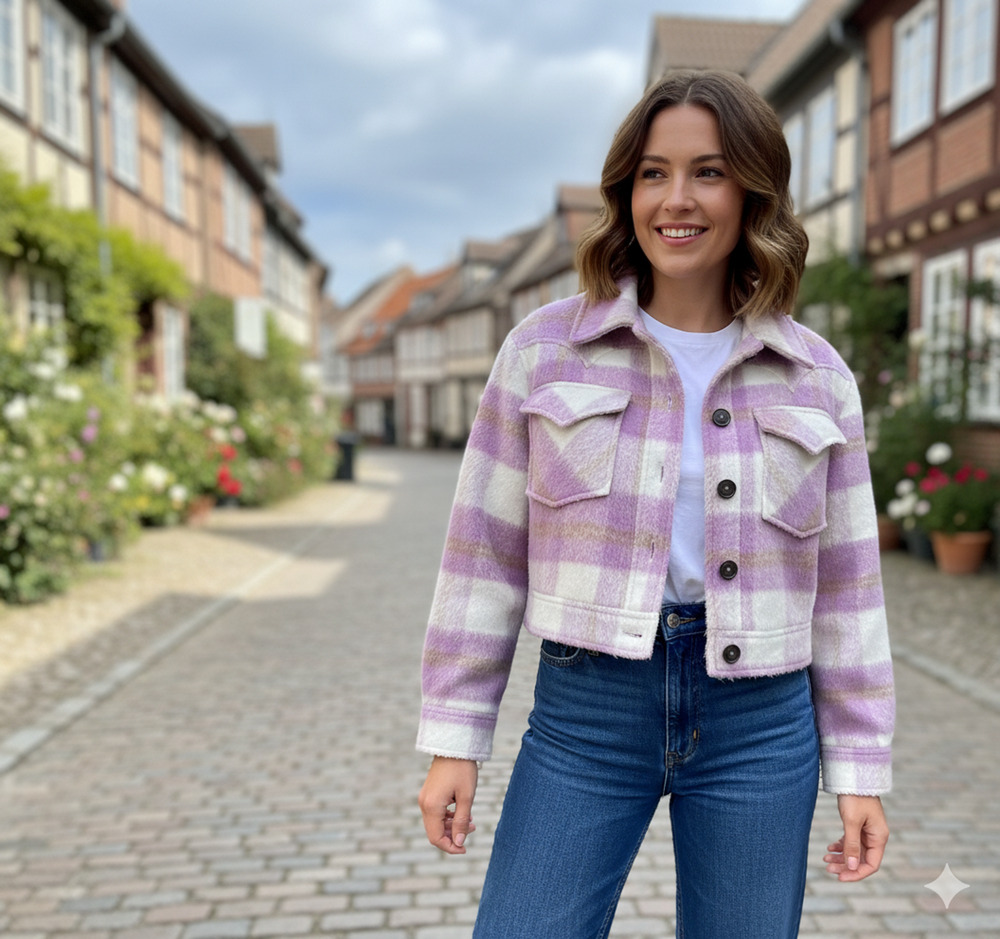 Avec Les Filles Pink Lilac Plaid wool blend cozy Sherpa lined Crop jacket Sz -S